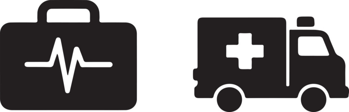 Black and white medical ambulance and first aid kit icon set for healthcare design