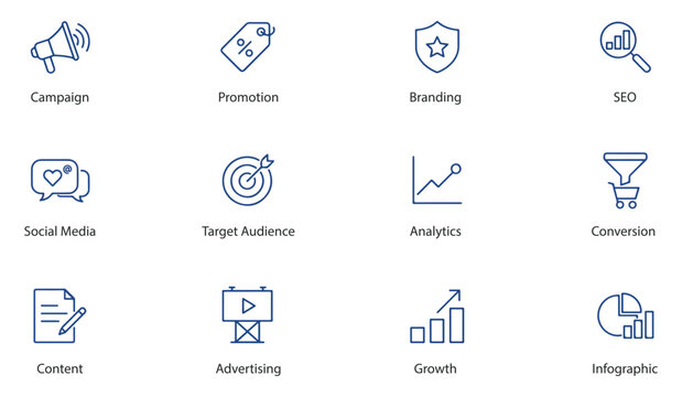 Marketing icons set with blue outline on white background