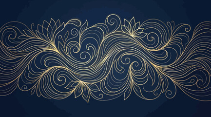 Ornate golden floral filigree pattern on dark blue background © S.Siam