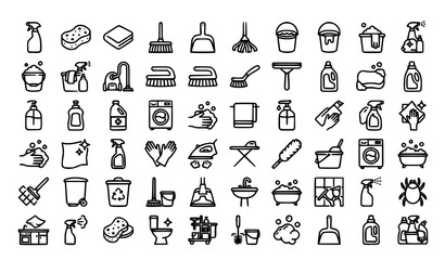 Fototapeta premium Cleaning supplies and laundry icons set black and white vector illustration