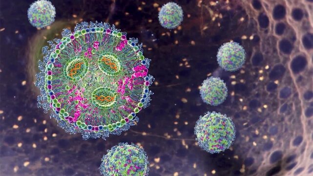 Lipid nanoparticle mRNA vaccine used against Covid-19 and influenza. 3D animation showing cross-section of lipid nanoparticle carrying mRNA of the virus (orange)