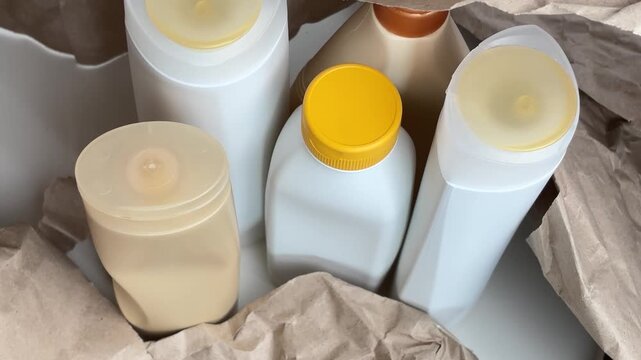 Aesthetic vertical b-roll with zoom out of sorted cosmetic packaging in a recycled paper wrap