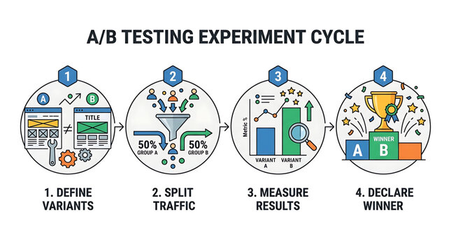 A graphic illustrates an A/B testing experiment cycle with four steps including define variants, split traffic, measure results, and declare winner