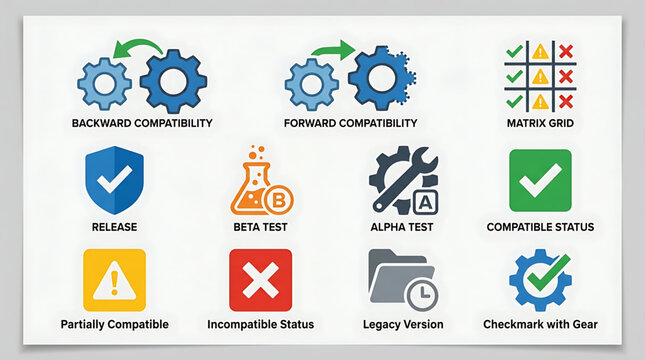 Compatibility icons illustrate software testing status with gear symbols and checkmarks