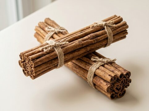 Bundles of Cinnamon Sticks Tied with Twine on a Textured Surface