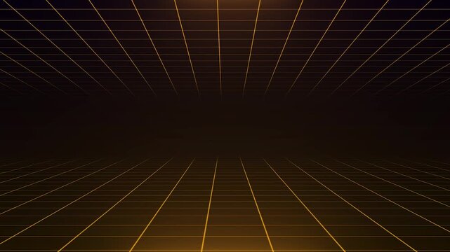 Retro Grid Perspective: A digital representation of a 3D grid receding into a dark, infinite expanse, rendered in glowing orange lines against a deep brown backdrop.