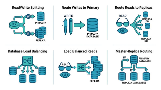 Database systems illustrate read write splitting and load balancing with master replica routing