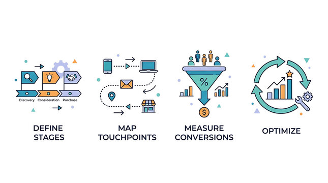 Business infographic illustration shows process stages with map touchpoints measure conversions and optimize