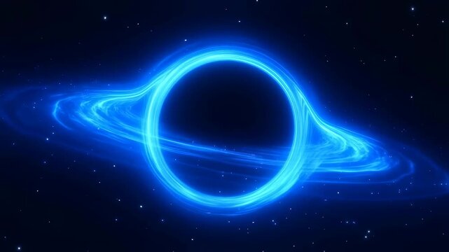 Stunning blue cosmic vortex with glowing rings and starry background. Represents the mysteries of the universe and space exploration
