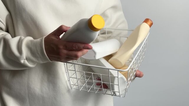 Female holding a metal basket with plastic waste for sorting and recycling
