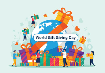Obraz premium Colorful illustration of people giving gifts around the globe