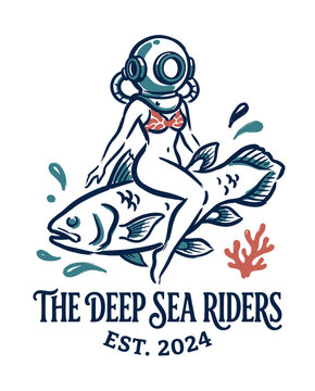 Vintage style graphic illustration of a woman wearing a retro diving helmet and bikini riding a large prehistoric fish with coral and splashes on a plain white background, creative art.