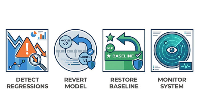 Professional vector icon set for system monitoring, regression detection, model reversion, and baseline restoration workflows