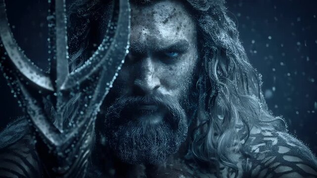 Greek mythology sea god Poseidon. Fantasy. A dramatic portrayal of a male figure, likely a warrior or orc, set against a dark, stormy backdrop. The figures intense gaze is fixed forward.