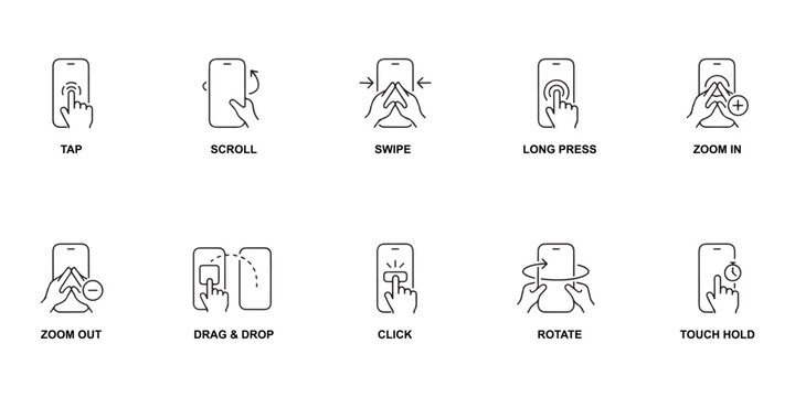 Smartphone gesture icons tap scroll swipe long press zoom in zoom out drag drop click rotate touch hold