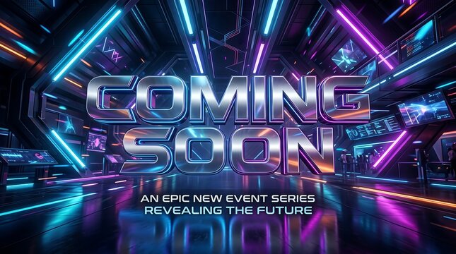 Futuristic coming soon announcement banner with neon lights and digital technology elements in a scifi corridor