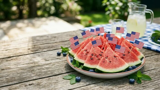 Watermelon slices on platter topped with mini flags for Independence Day. Fruit centerpiece served outdoors on wooden picnic table with lemonade for holiday meal.