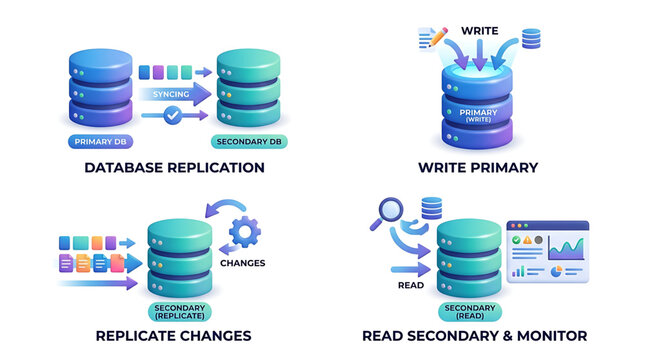 Conceptual Illustration of Database Replication Process with Primary and Secondary Server Synchronization for Data Management