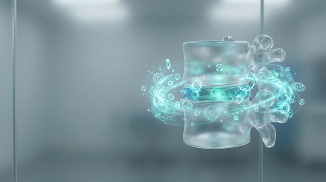 Transparent human spine vertebra with glowing blue energy circle and particles around it, medical concept
