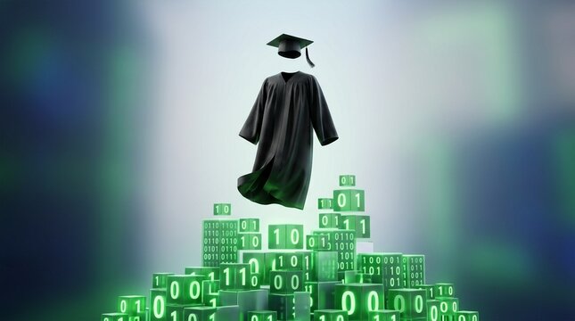 Graduation cap and gown floating above a staircase of glowing green binary code blocks symbolizing digital education