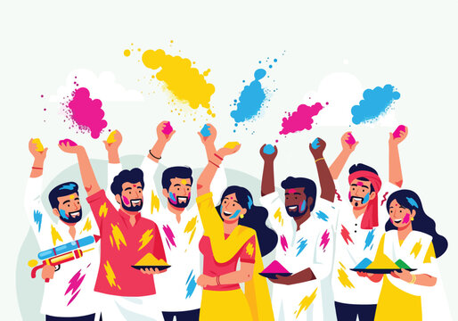 A vibrant group celebrates with colorful powders