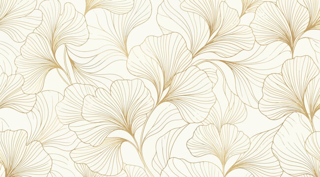 Elegant seamless pattern with golden ginkgo biloba leaves on a light background, luxury botanical wallpaper design
