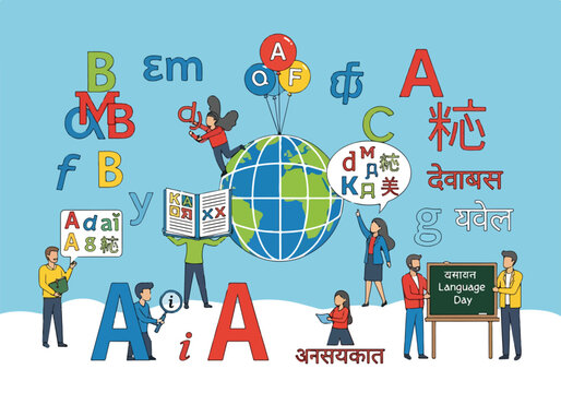 Colorful illustration of people learning languages around globe