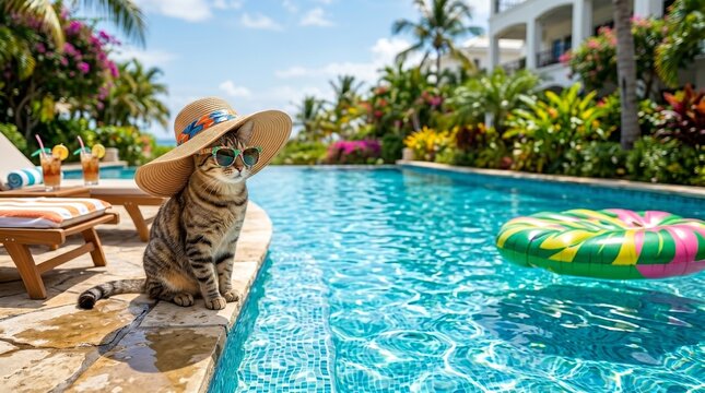 A cute tabby cat wearing a straw hat and sunglasses sits relaxed by the edge of a luxury swimming pool at a tropical resort