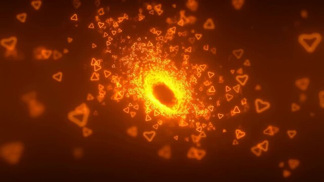 Abstract glowing heart shapes swirling in a vibrant orange background. Represents love, affection, and digital connection in a visually captivating way