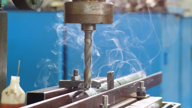 Drill machine drilling hole with circular motion with silver metal shavings and steam. steel machining process in heavy industry factory. engineering, industrial manufacturing, metalworking. 4k video