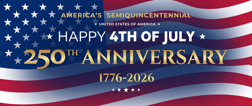 Happy 4th of July 250th Anniversary Banner USA Semiquincentennial 1776 2026 American Flag Background. American Independence Day 2026 