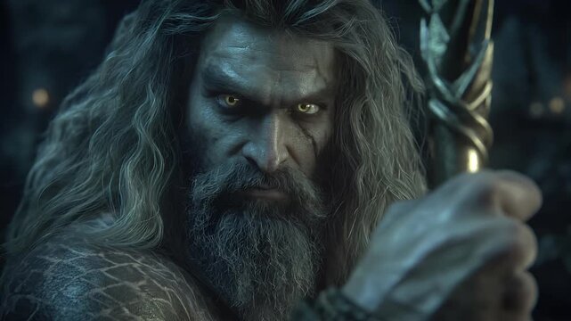 Greek mythology sea god Poseidon. Fantasy. A closeup portrait of a fiercelooking orc with long, wavy, silver hair and a thick beard. The orcs intense gaze is fixed directly at the viewer.