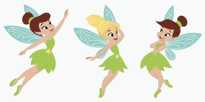 Animated Fairy Characters In Green Dresses Vector Illustration
