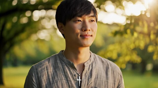 Young man standing in a sunlit park wearing a light linen shirt and cross necklace, contemplative as warm golden afternoon light filters through trees and soft blurred background