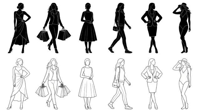 Fashionable women silhouettes and outlines, showcasing elegant attire and accessories, perfect for style inspiration