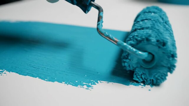 Vibrant Teal Paint Roller Applying Wet Color to a White Drywall Surface