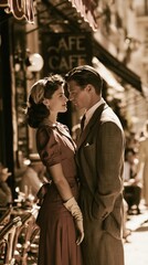 Obraz premium Paris France Europe lifestyle. A vintagestyle photograph captures a man and woman in a candid moment in an outdoor cafe. The woman, wearing a brown dress with a bow, has her hair styled in an updo.