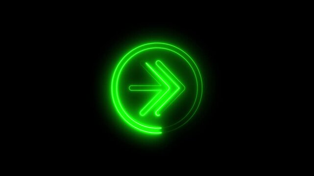 Neon Green Arrow Right Symbol Circle Sign Glowing Indicator Direction Pointer Black Background Technology Navigation