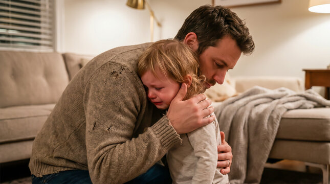 A caring father gently hugging and comforting his crying toddler daughter. Ideal for family psychology or parenting articles.