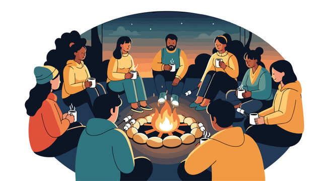 Diverse group gathered around a warm campfire