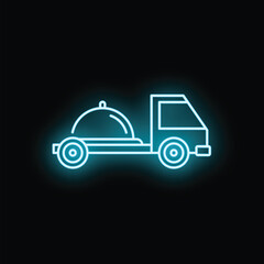 Naklejka premium Food delivery truck glowing with blue neon line art on a dark background