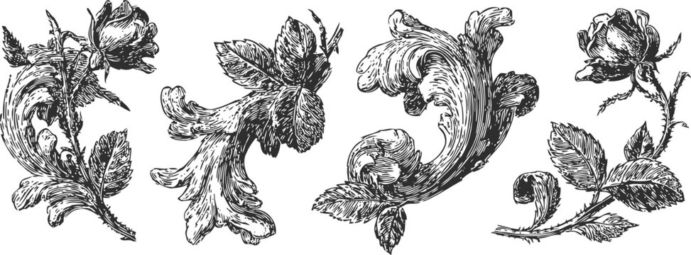 Ornate floral and leaf vintage engraving set with detailed botanical elements