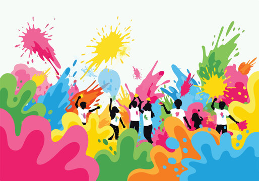 A vibrant scene of people amidst colorful paint splatters