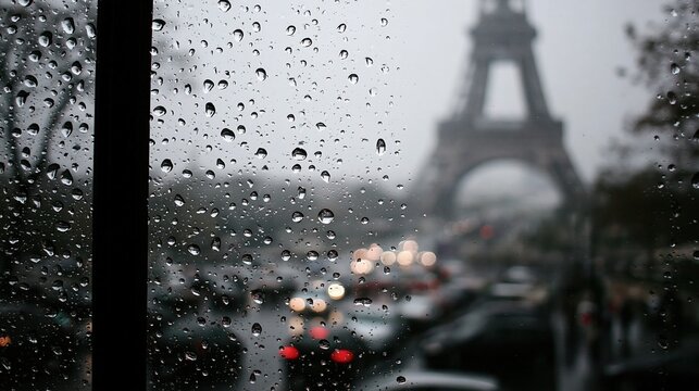 Paris France Europe lifestyle. A closeup shot of raindrops on a window pane, depicting a rainy day in Paris. The raindrops are scattered across the glass, creating a textured pattern.