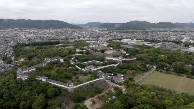 Aerial Descent Over Himeji Castle and Historic Fortifications in Hyogo Japan