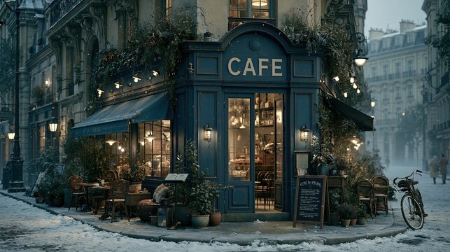 Paris France Europe lifestyle. A detailed, atmospheric depiction of a Europeanstyle cafe situated on a cobblestone street. The cafe is painted a deep blue.