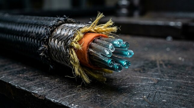 Macro shot of frayed industrial cable showing metallic wires and inner strands on a dark textured surface