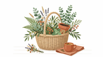 Obraz premium Woven basket with green plants inside.