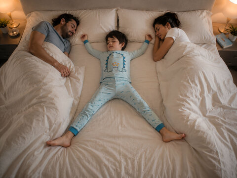 Sleeping child stretched across the bed between parents in funny starfish position during peaceful family bedtime at home