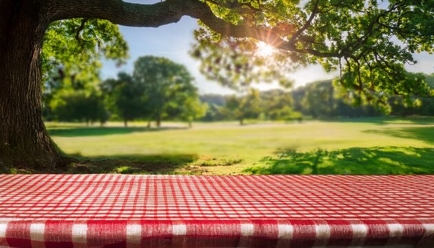 classic red and white checkered picnic cloth spread on wooden table under sprawling green oak tree in bright sunny public park with blurred background landscape